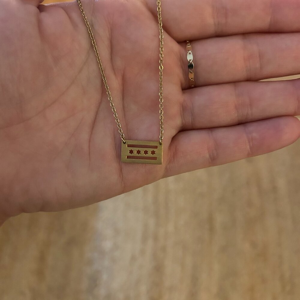 14k Plated Gold Chicago Flag Necklace